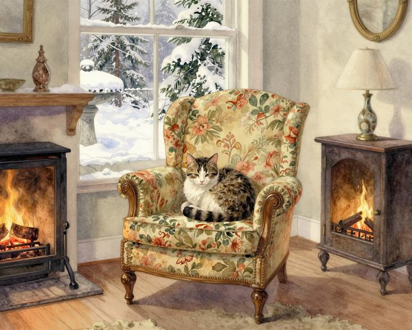 Watercolor Painting of Tabby Cat in Floral Armchair
