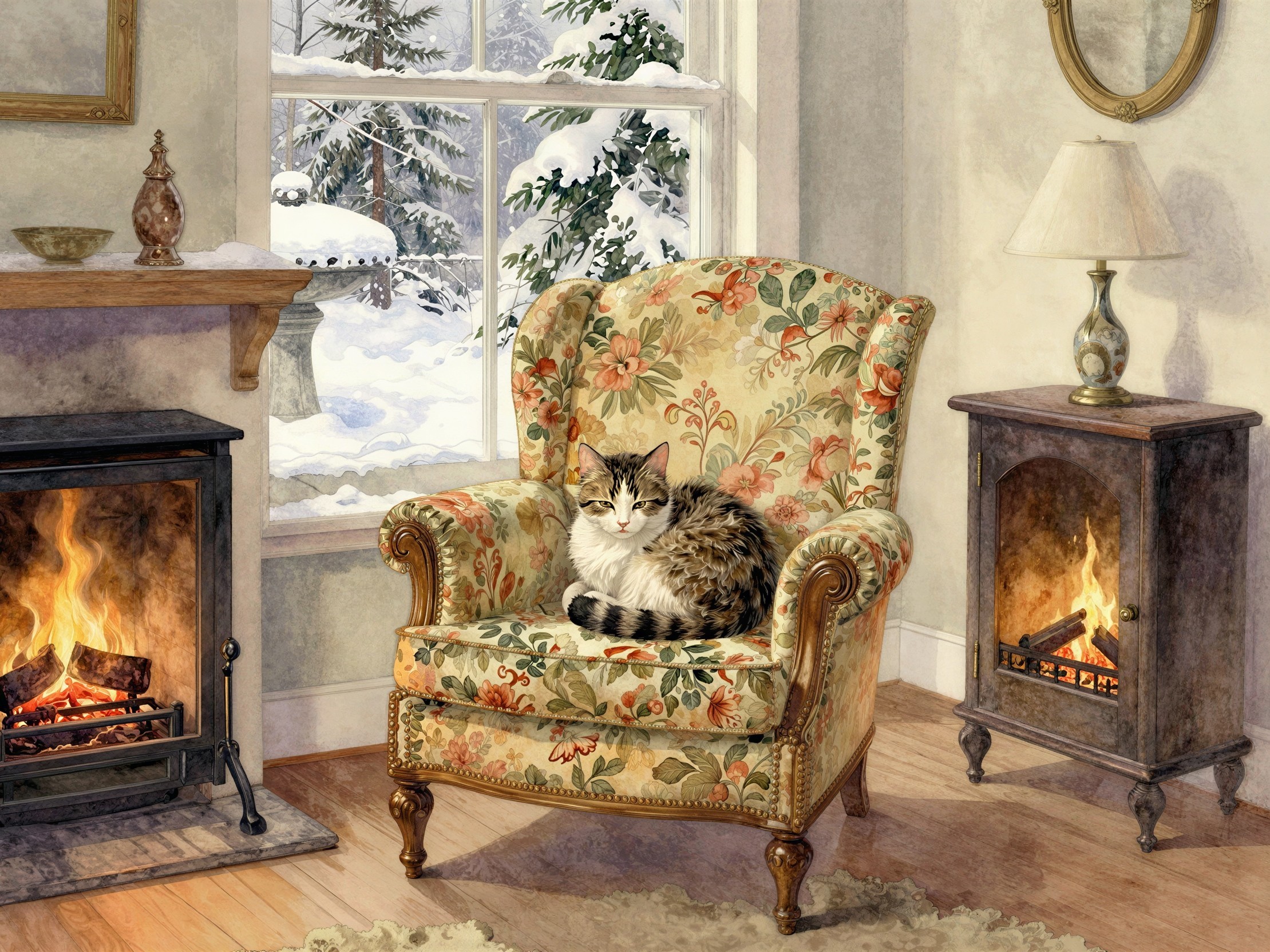Watercolor Painting of Tabby Cat in Floral Armchair
