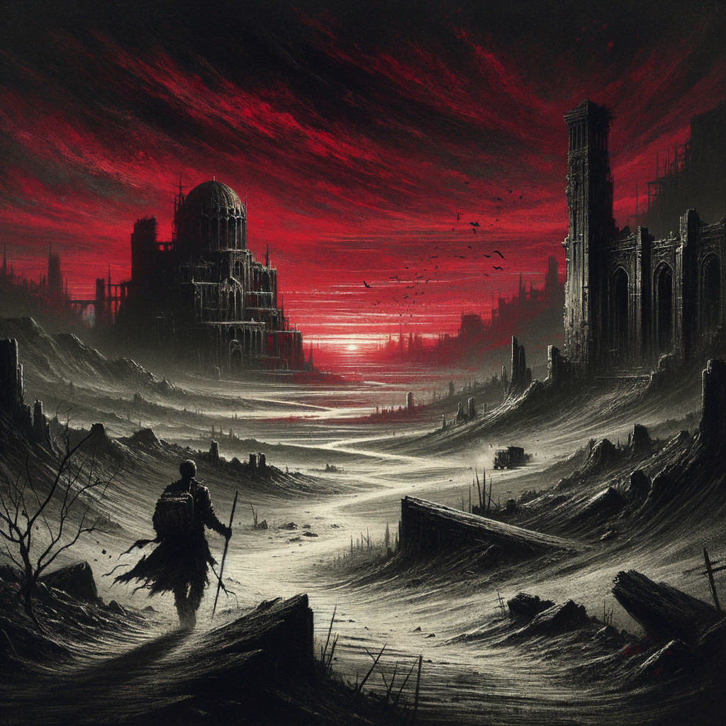 Lone Traveler in a Desolate Landscape with Ruins