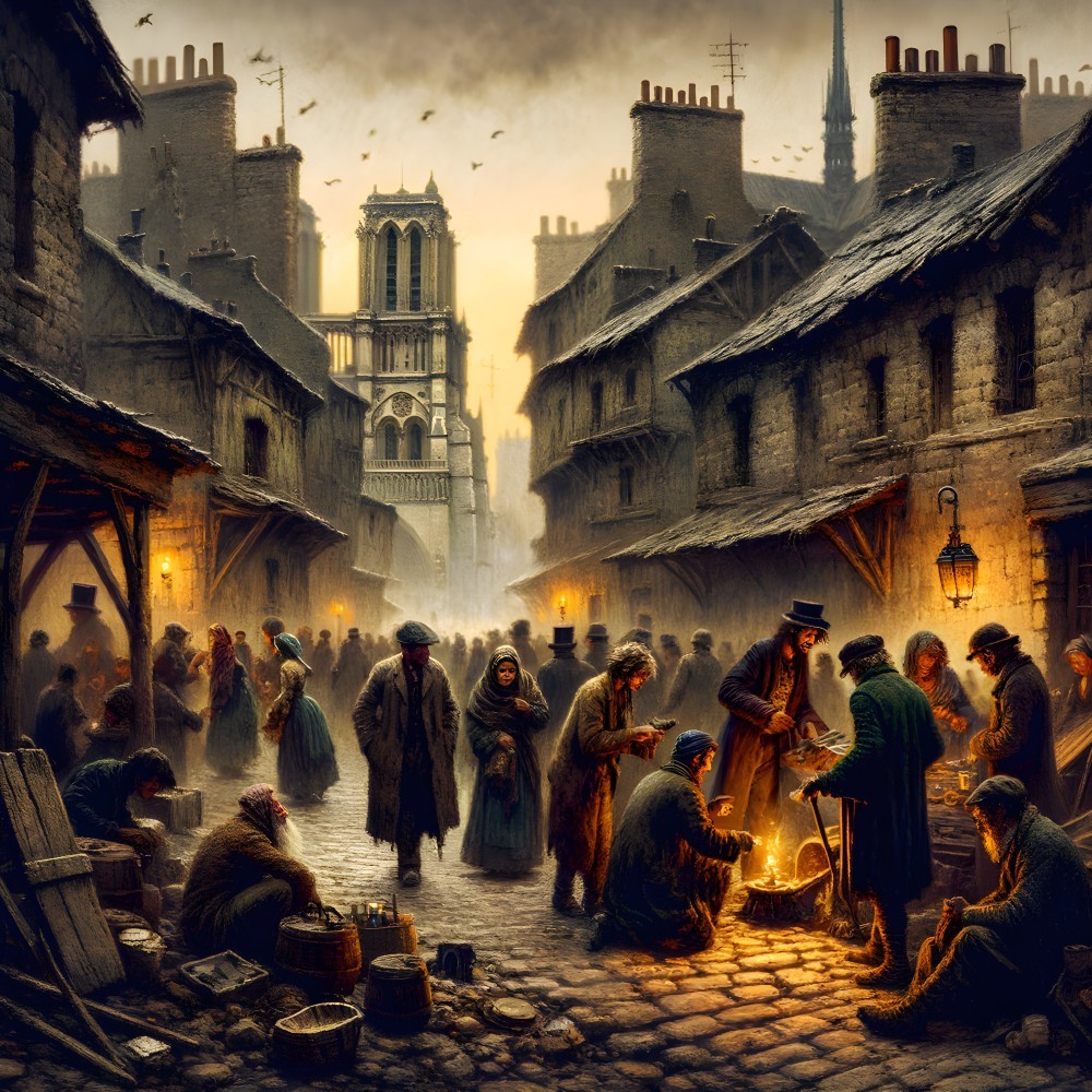 Historic twilight street scene with vendors and architecture