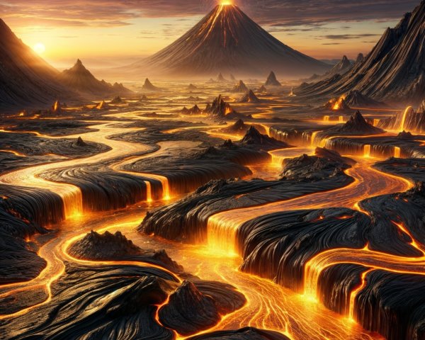 Dramatic Volcanic Landscape at Sunset with Lava Flow