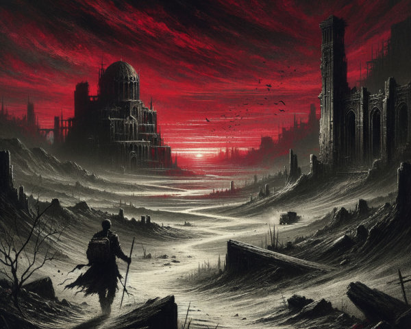 Lone Traveler in a Desolate Landscape with Ruins