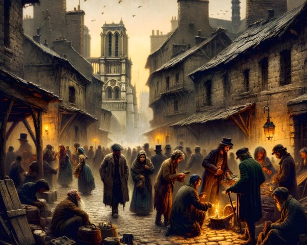 Historic twilight street scene with vendors and architecture