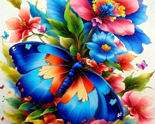 Colorful Flower Scene with Butterflies and Greenery