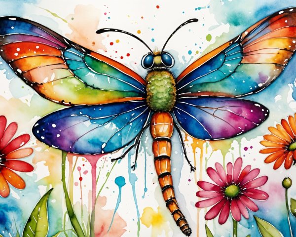 Vibrant Watercolor Dragonfly and Colorful Flowers