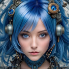 Futuristic Character with Blue Hair and High-Tech Armor