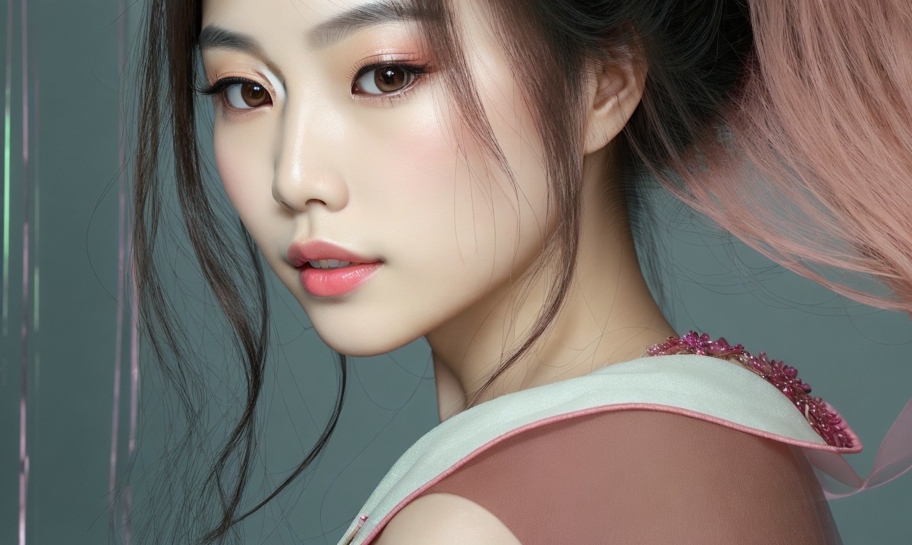 Close-up of a young woman with pastel pink hair