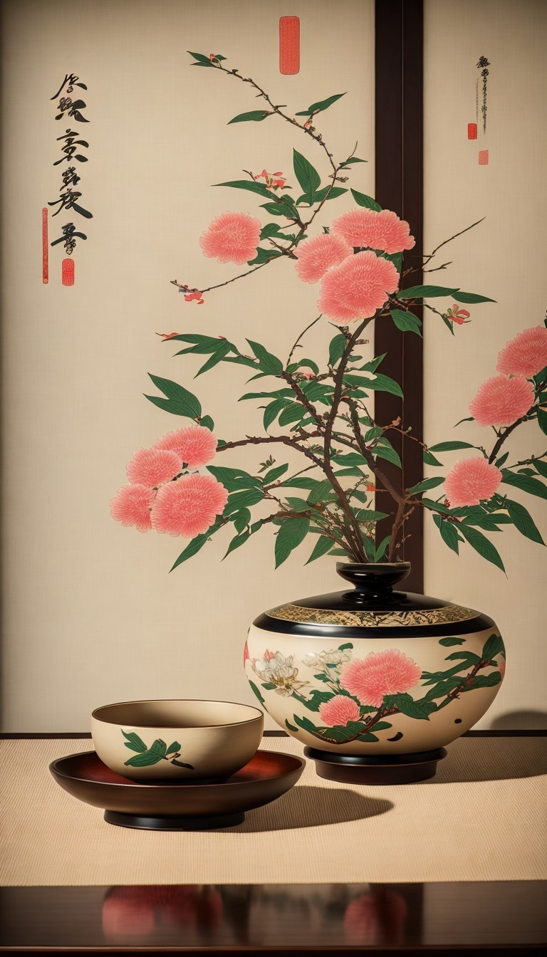 Japanese-themed interior with pink flowers, scroll art, and tea bowl on tatami mat