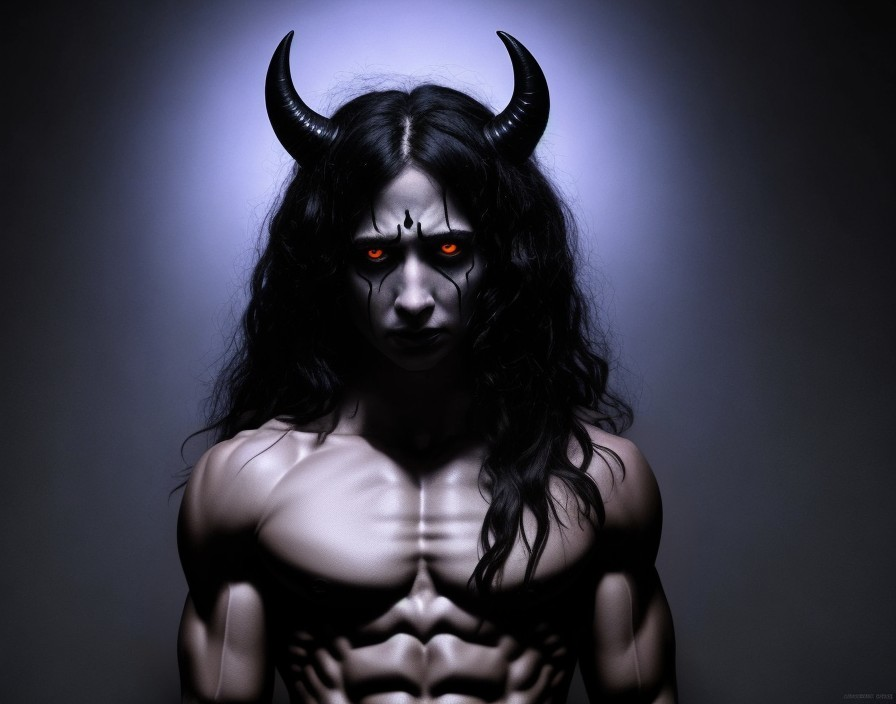 Dark artwork featuring demonic character with black horns and red eyes