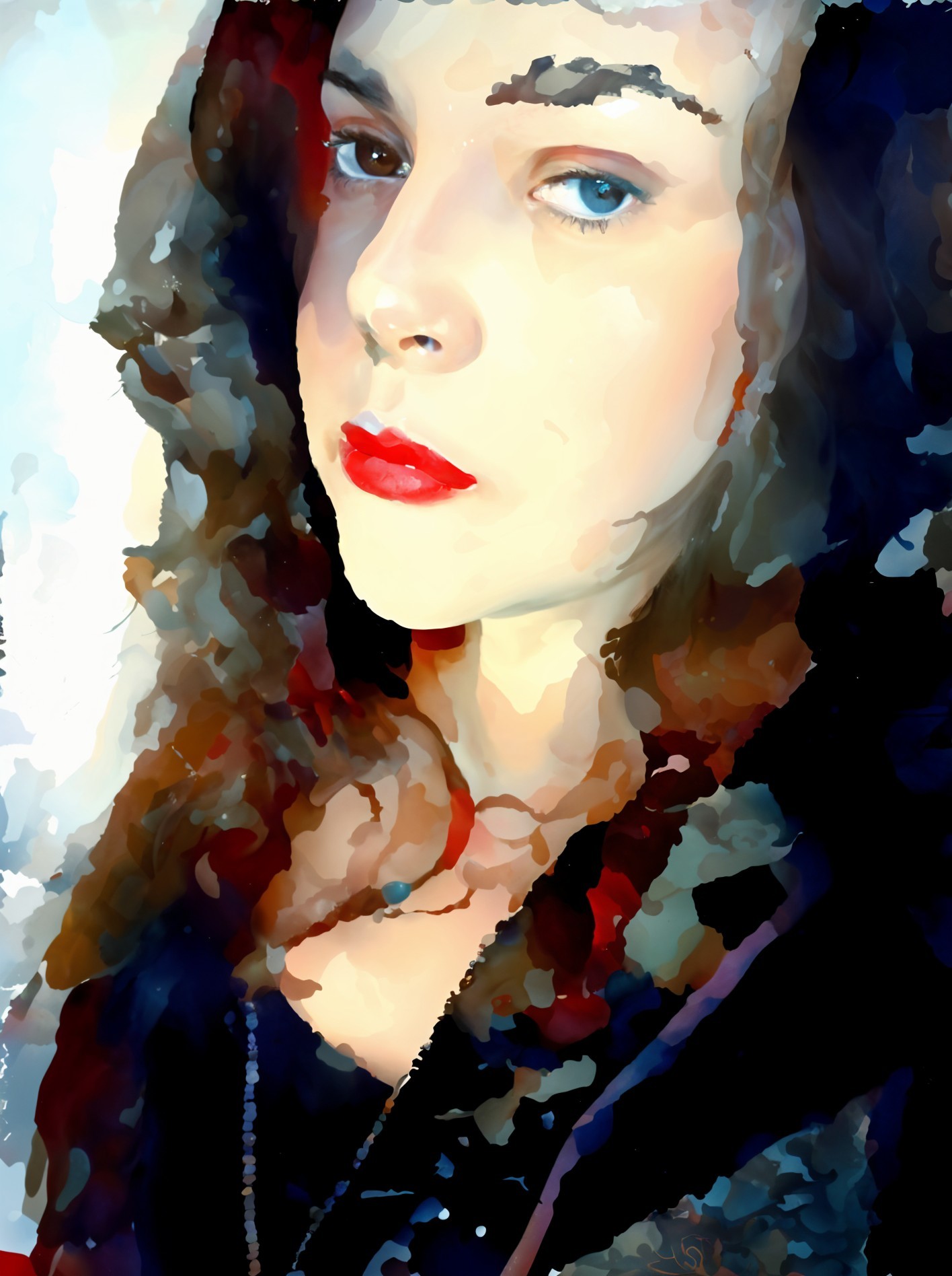 Portrait of a woman with long wavy hair and blue eyes