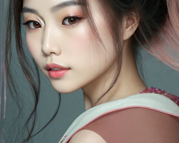 Close-up of a young woman with pastel pink hair