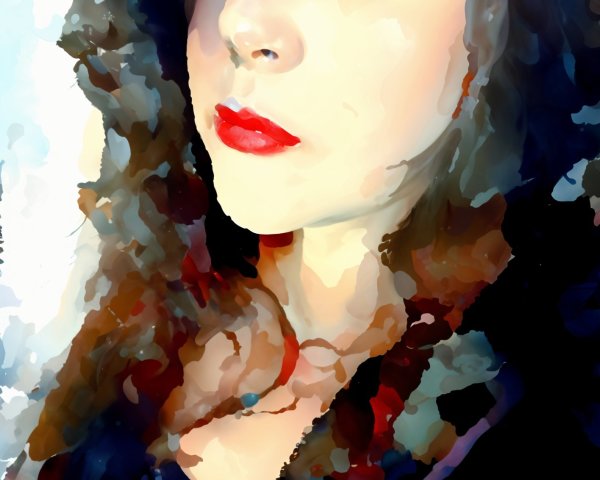 Portrait of a woman with long wavy hair and blue eyes