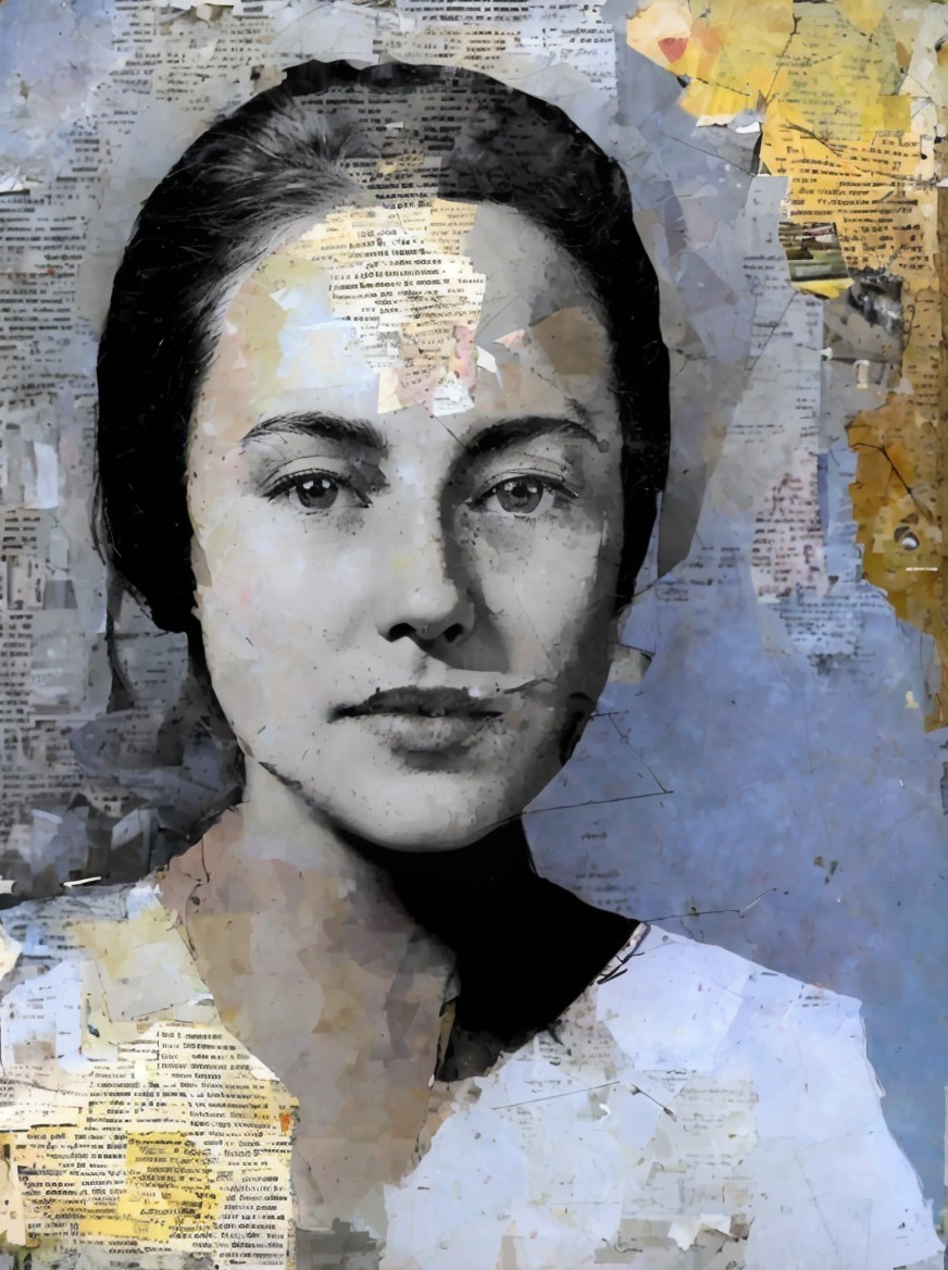 Mixed Media Portrait of a Young Woman with Collage Background