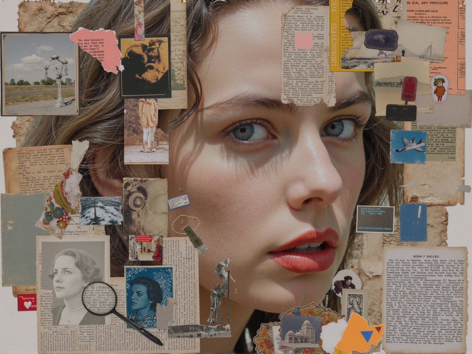 Portrait of Young Woman with Vintage Collage Background