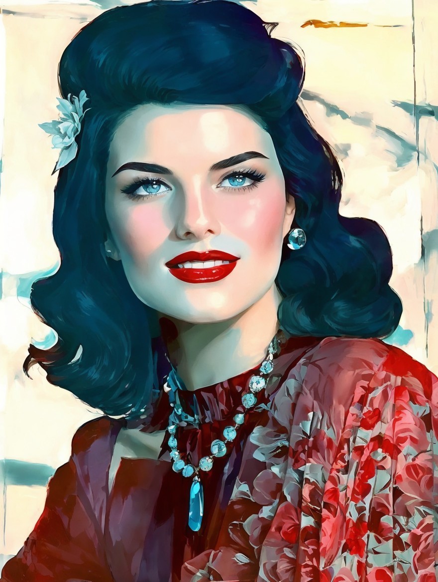 Glamorous Woman in Vintage Floral Elegance