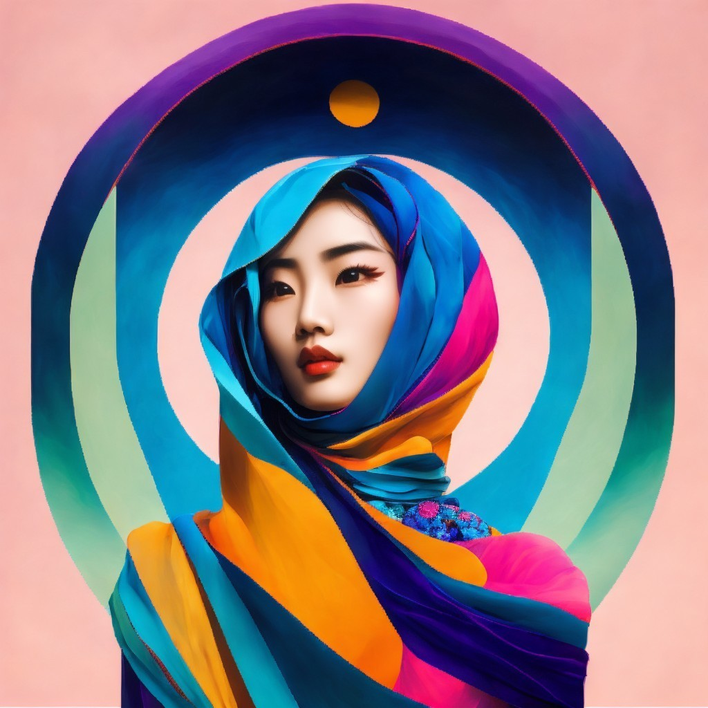 Portrait of a woman in vibrant multicolored hijab
