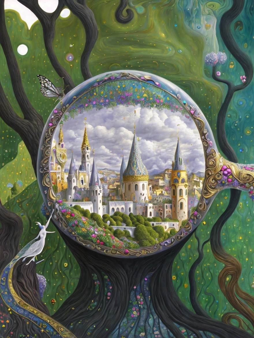 Dreamlike Landscape Reflected in Ornate Mirror