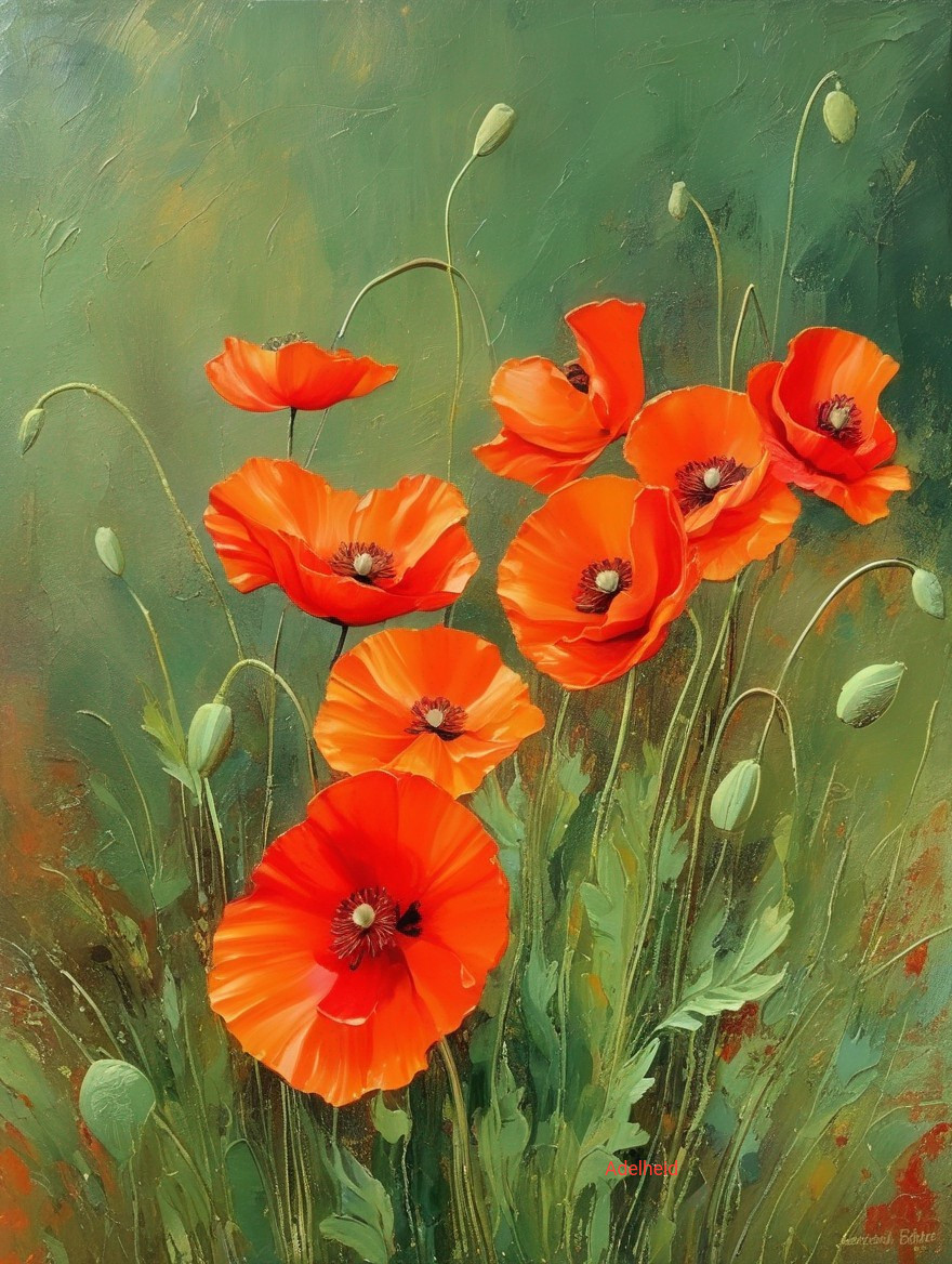 Vibrant Painting of Red Poppies with Green Background