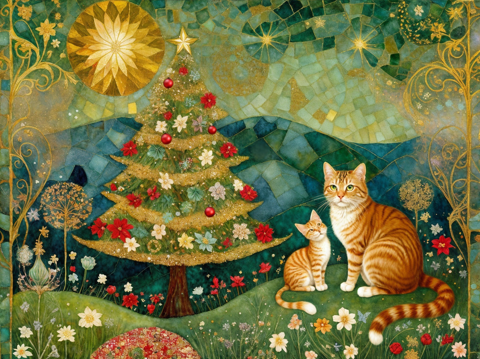 Whimsical Holiday Scene with Tabby Cats and Christmas Tree