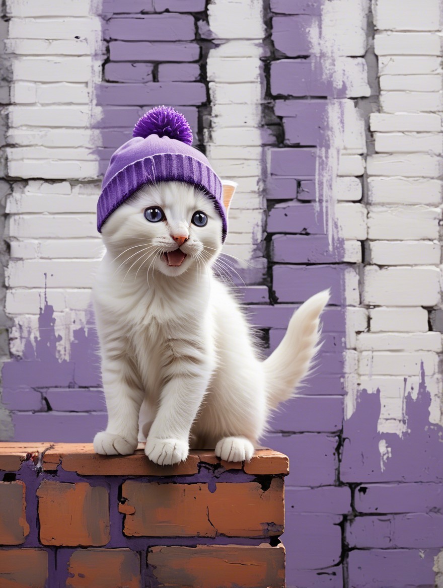 Playful white kitten in purple beanie on brick surface