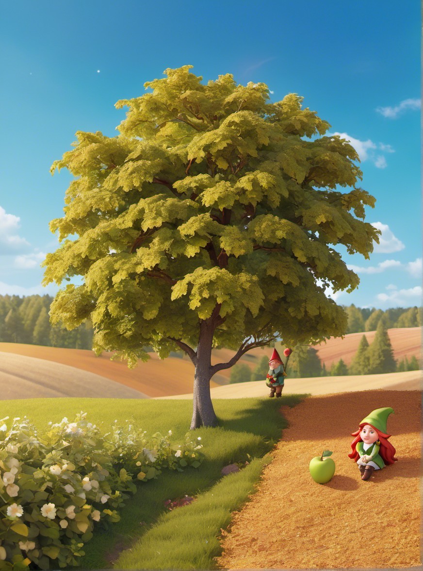 Gnomes in a Whimsical Landscape Under a Large Tree