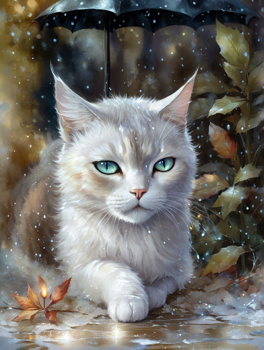 White Cat with Blue-Green Eyes Under Black Umbrella