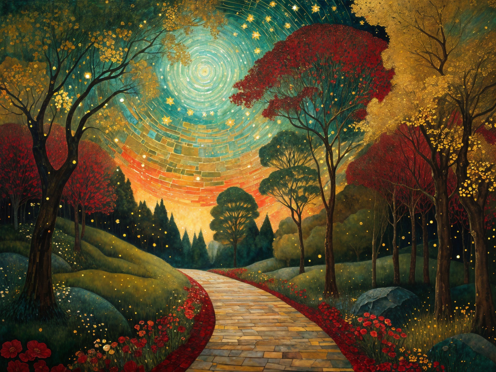 Winding Path in Vibrant Autumn Landscape with Stars