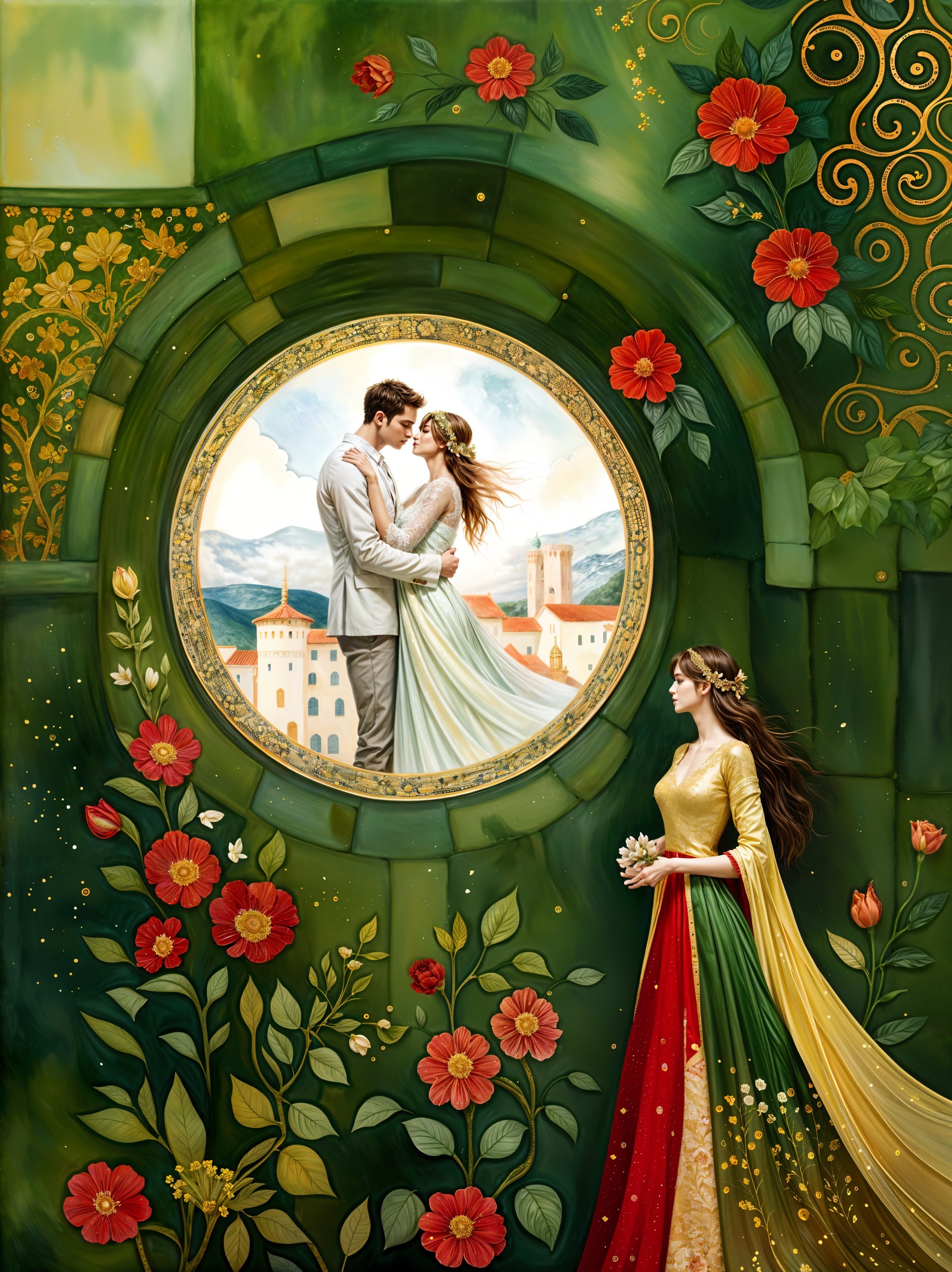 Couple Embracing in a Floral Landscape Setting