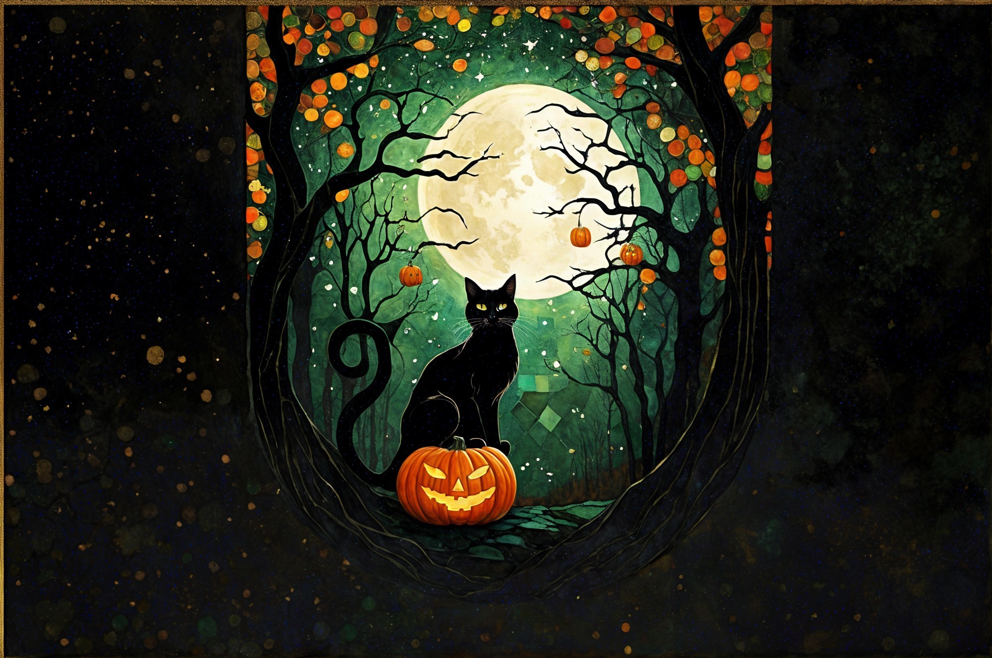 Black Cat on Pumpkin Under Full Moon in Autumn Scene
