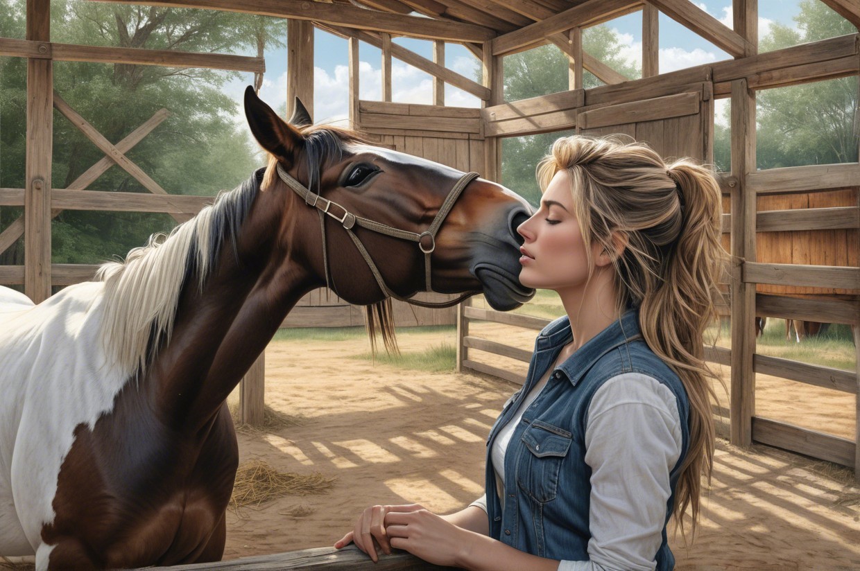Young Woman and Horse in Sunlit Barn Setting