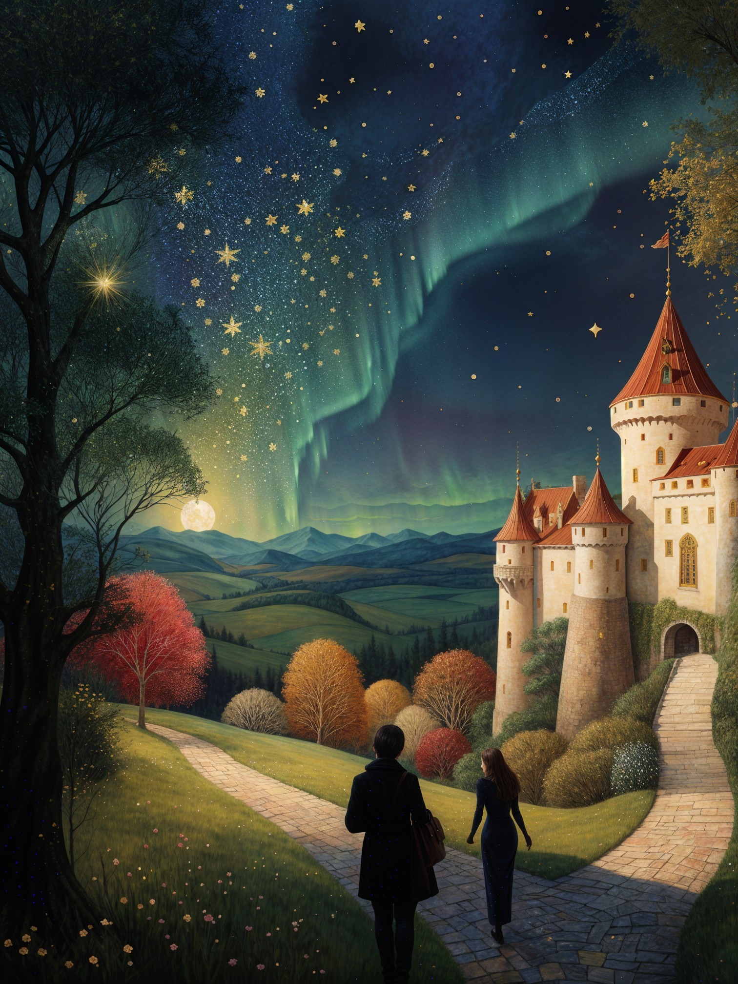 Couple Walking Under Aurora Borealis and Castle