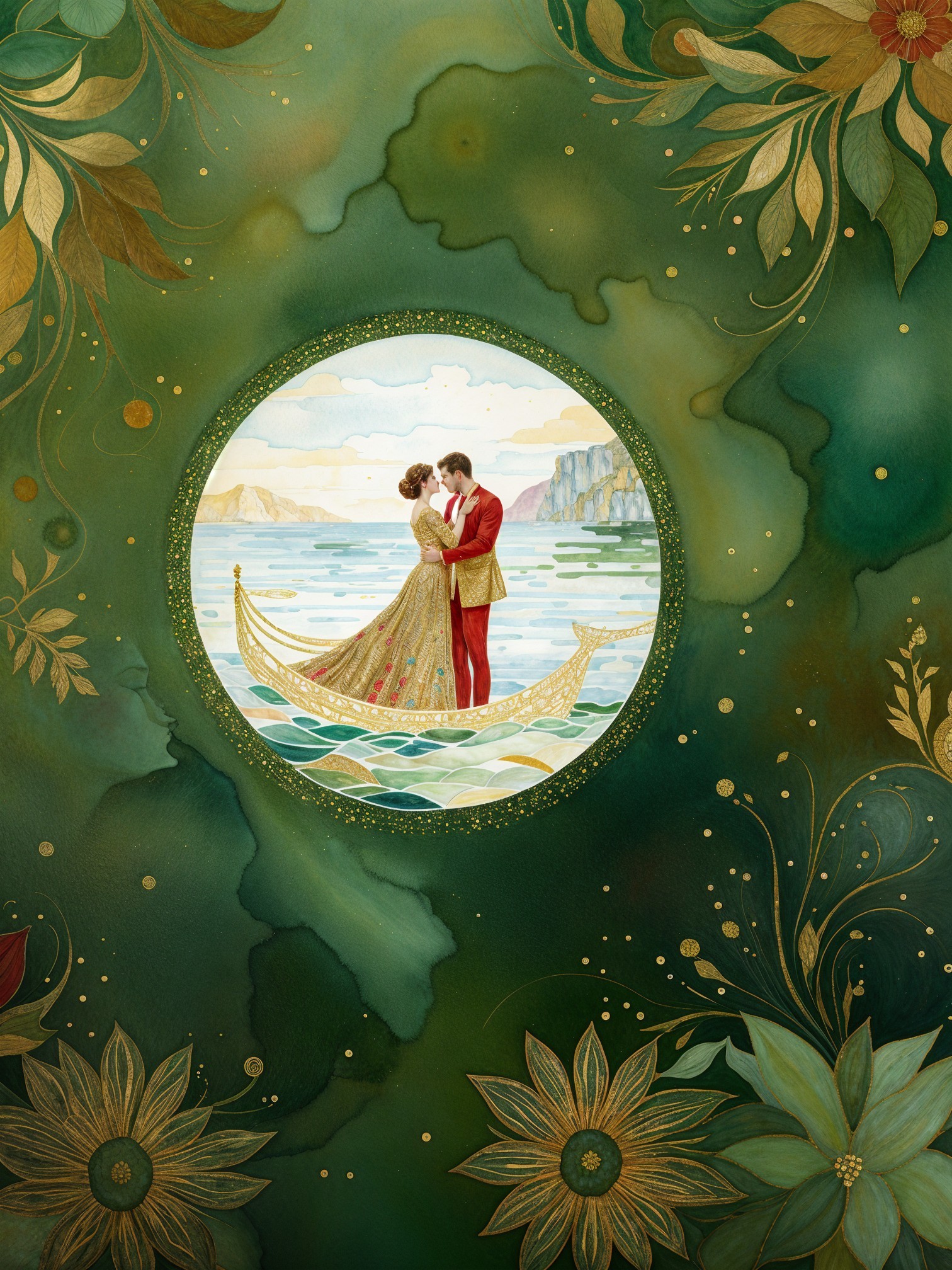 Romantic Embrace on a Boat in Lush Landscape