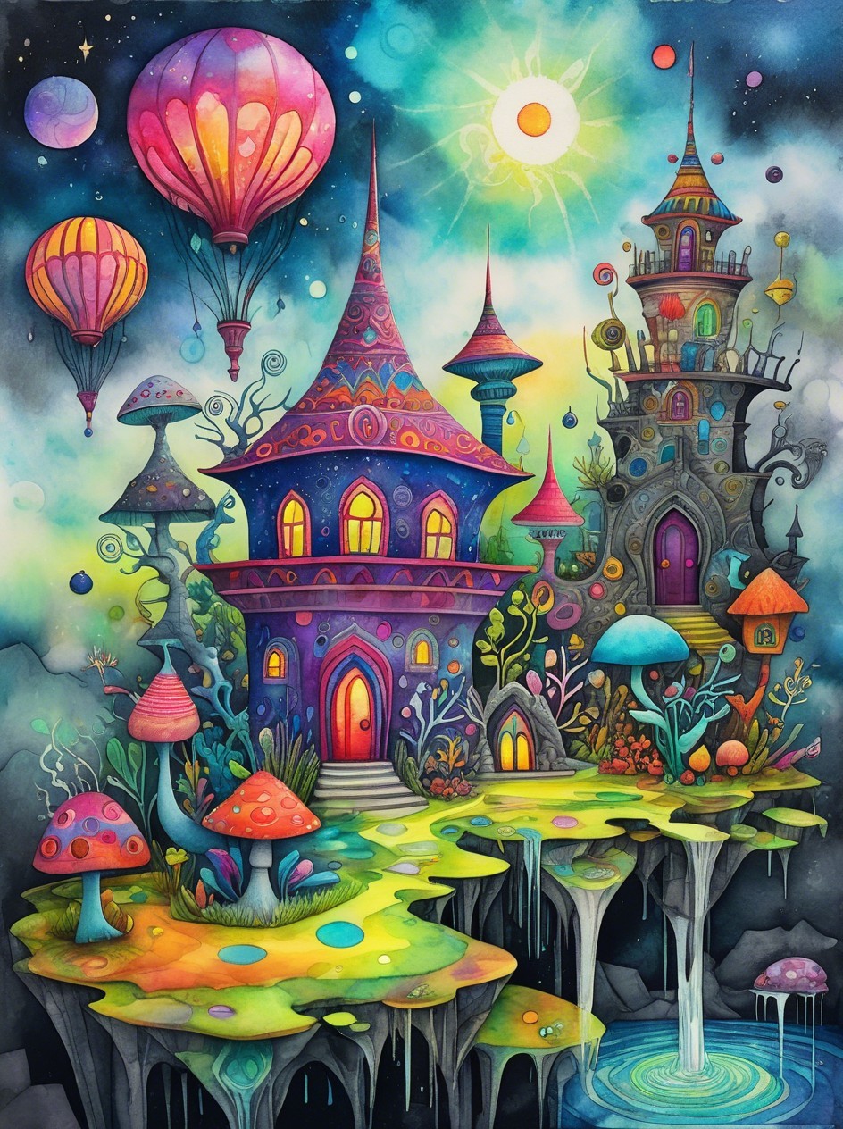 Whimsical Landscape with Colorful Houses and Balloons