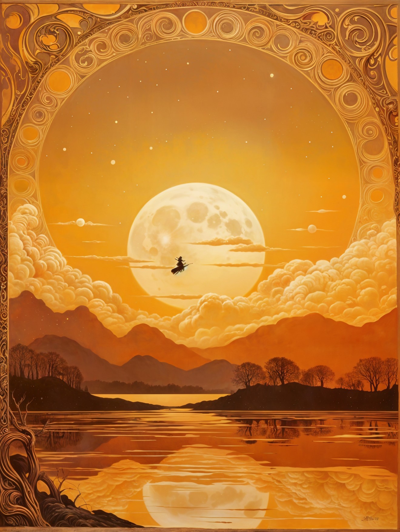 Sunset Scene with Moon and Flying Silhouette