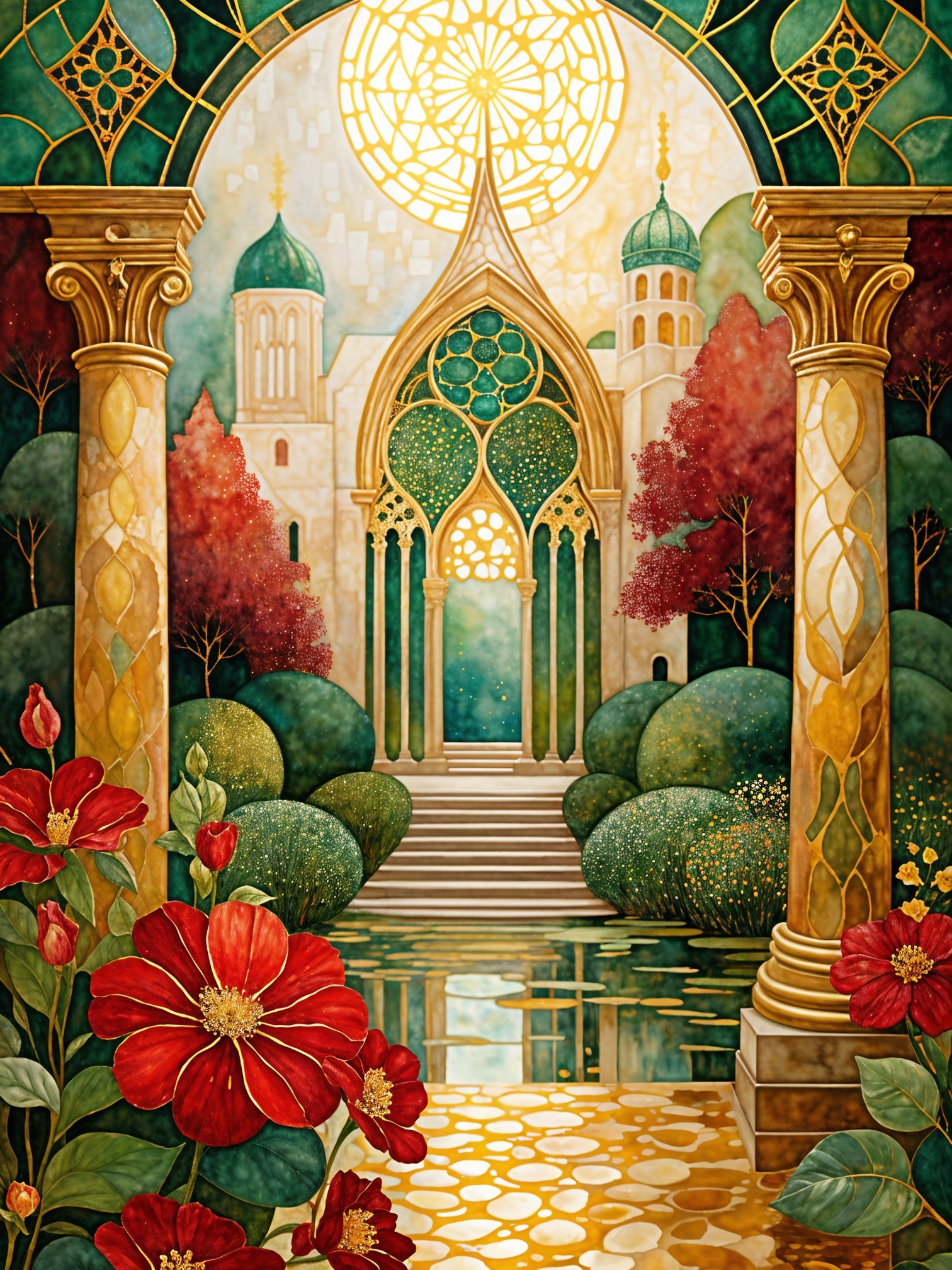 Vibrant Garden Scene with Archways and Reflection Pool