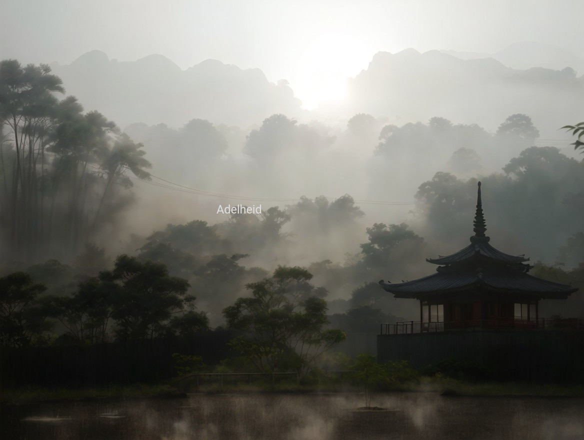 Serene Landscape with Pagoda and Tranquil Pond