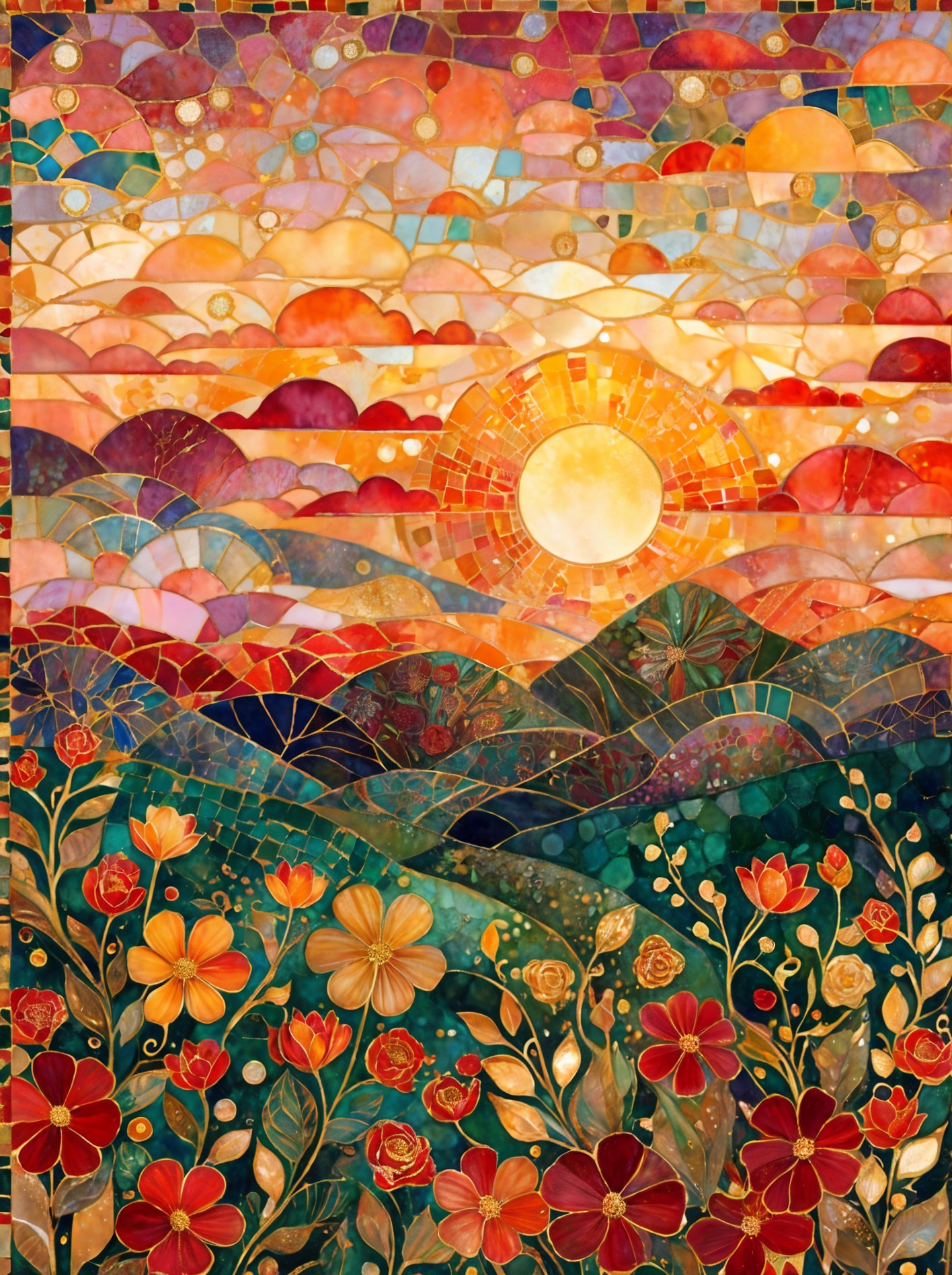 Vibrant Mosaic Artwork of Sunrise Over Colorful Hills