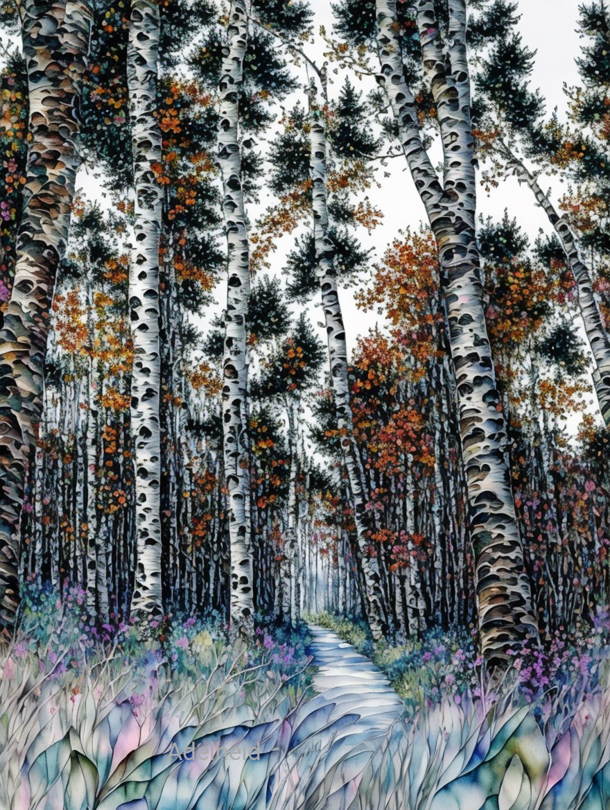 Serene Forest Scene with Birch Trees and Autumn Foliage