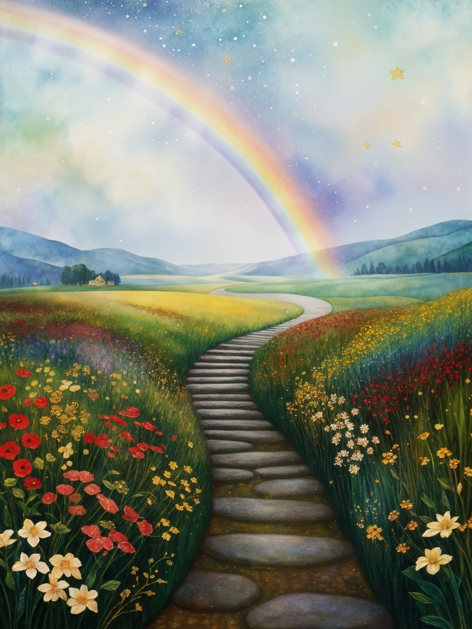Vibrant Landscape with Winding Stone Path and Rainbow
