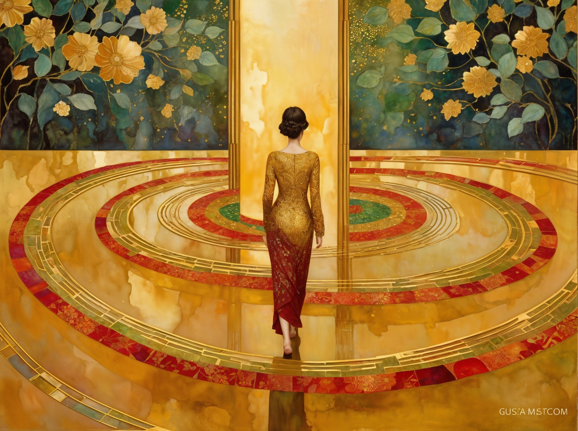 Elegant Woman in Gold Gown on Floral Pathway