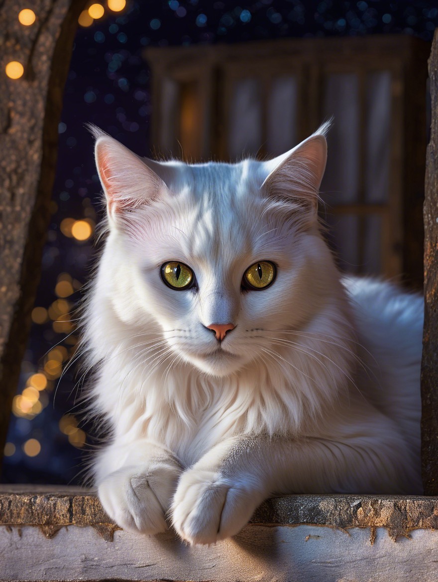White Cat by Window with Starry Night Background