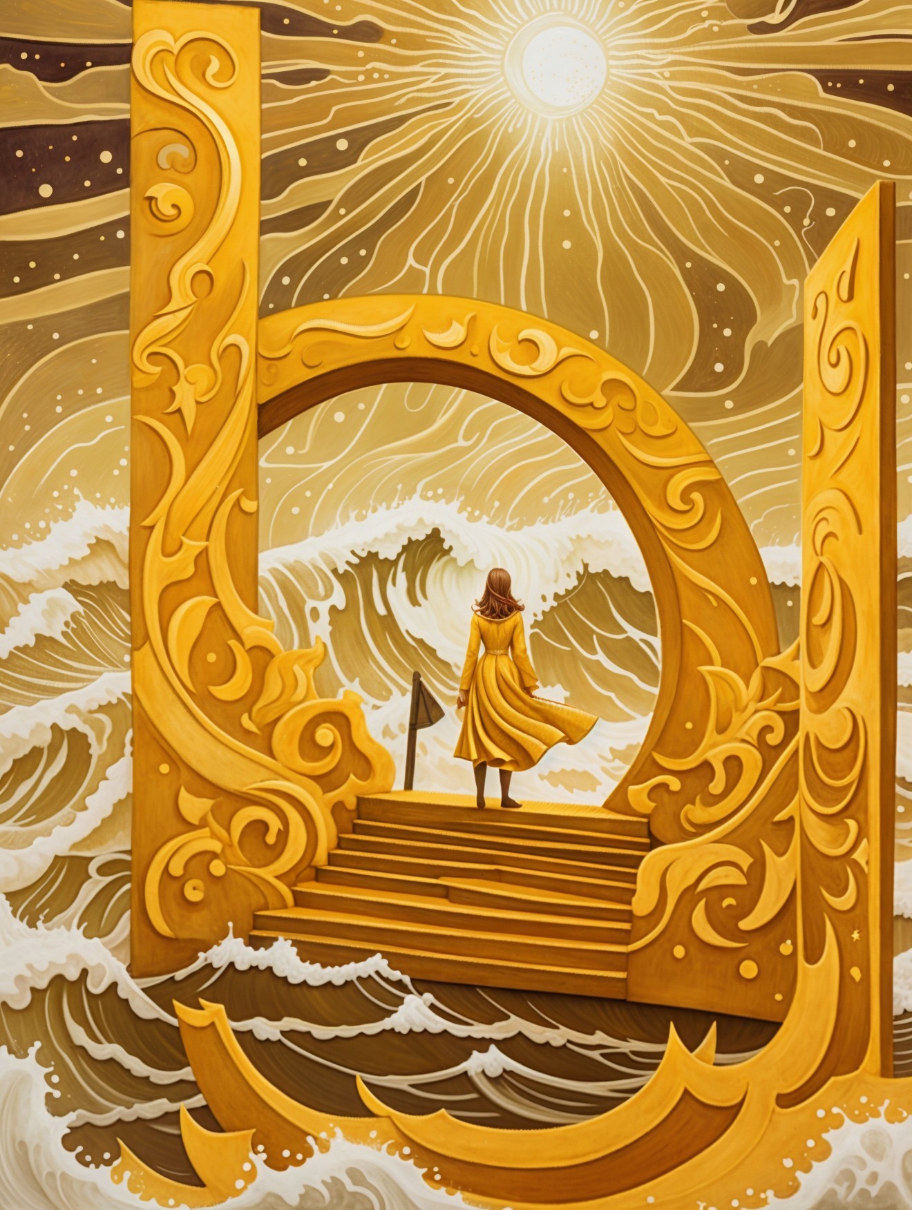 Figure in Yellow Cloak Before Golden Archway and Waves