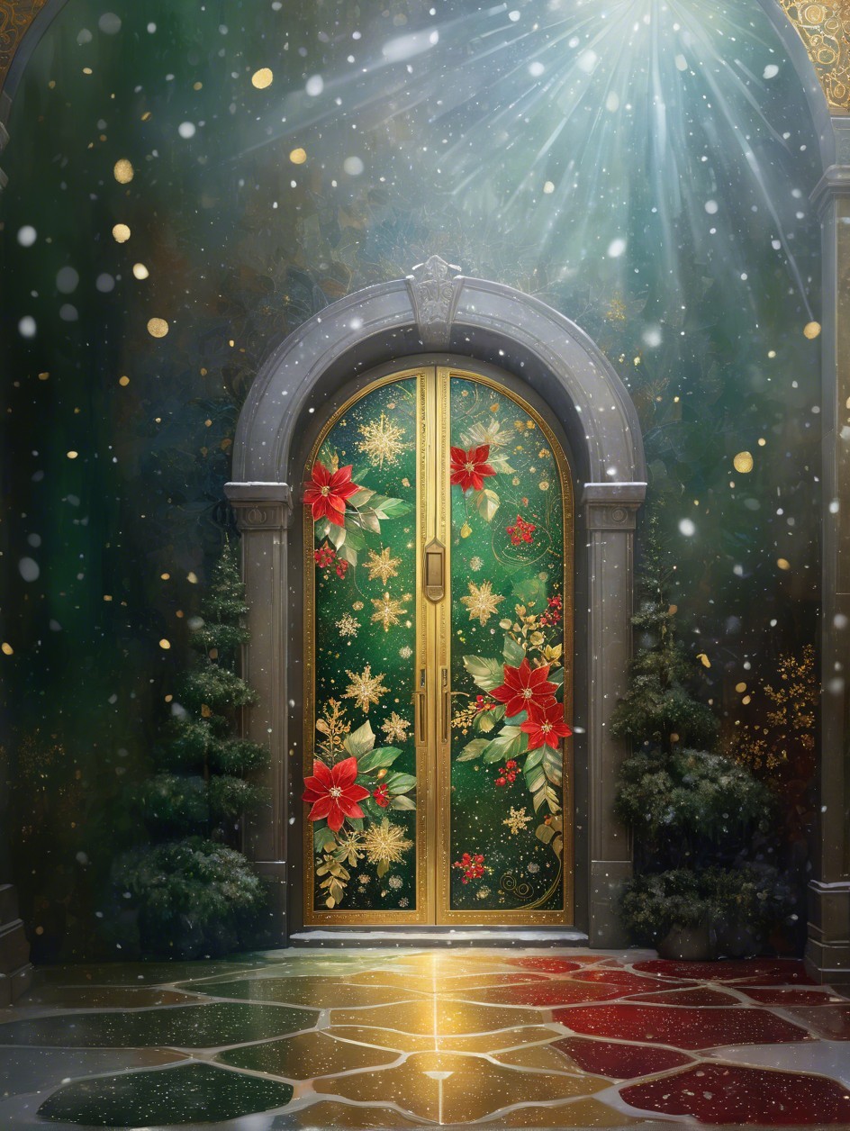 Festive Green and Gold Holiday Door with Snowfall