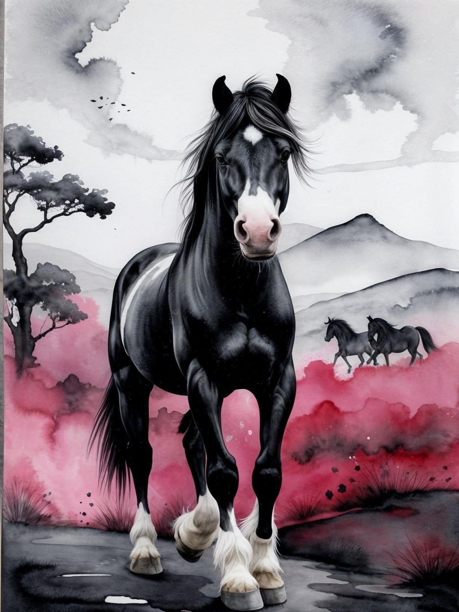 Majestic Black Horse in Serene Landscape Scene