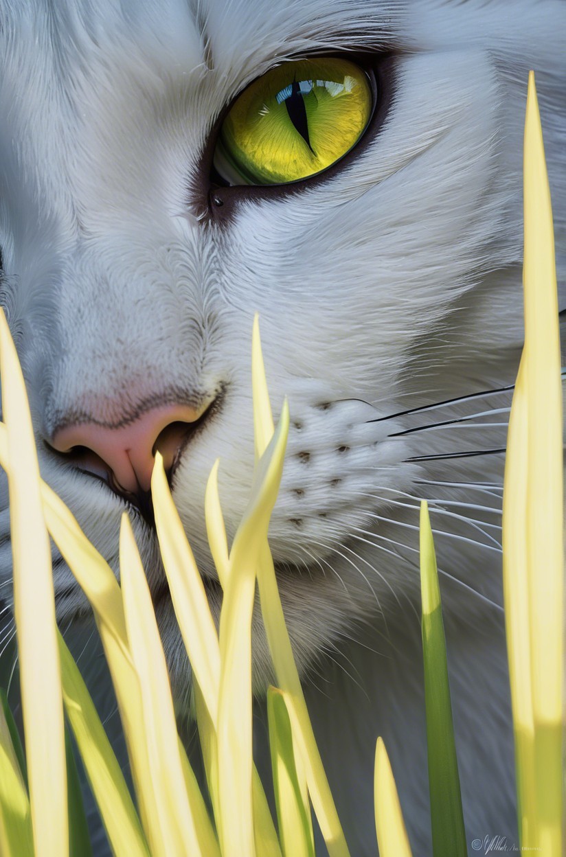 White Cat in Yellow Grass with Bright Green Eyes