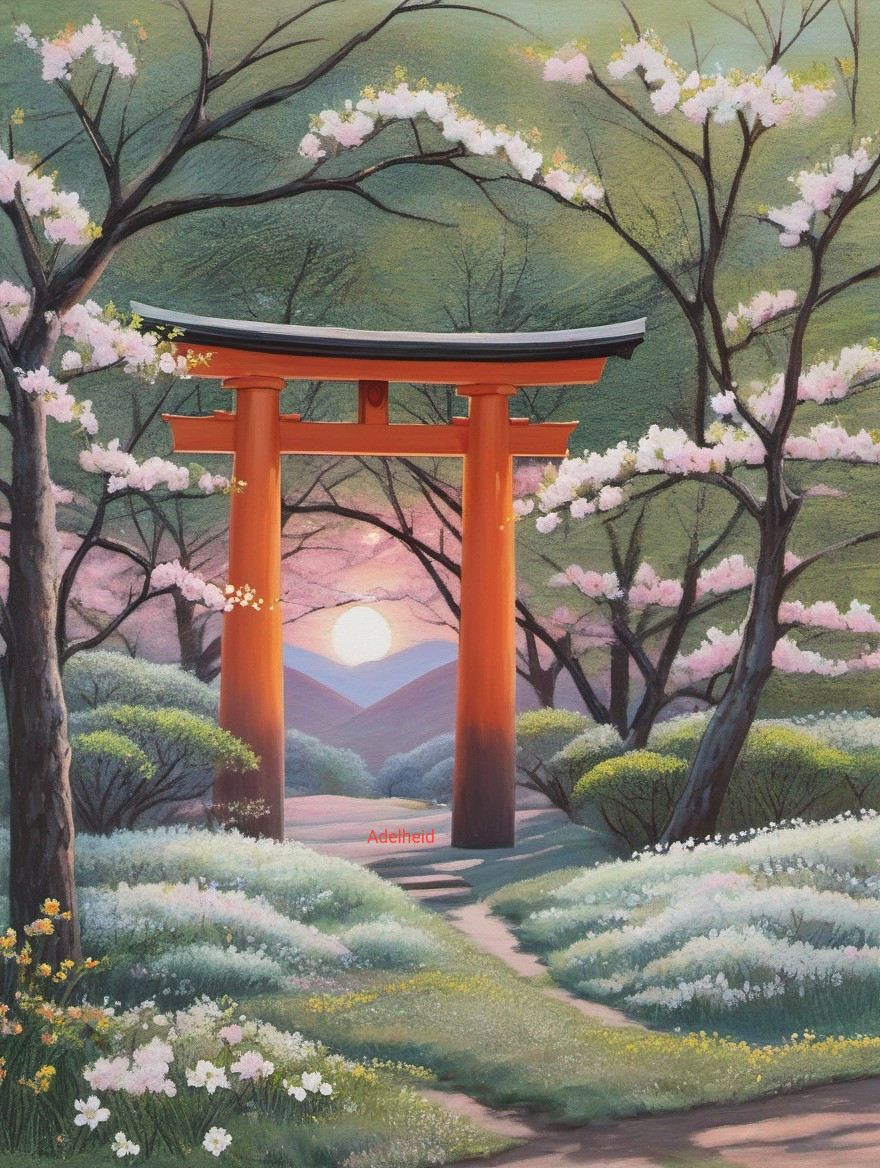 Sunset Serenity: Torii Gate and Blossoms