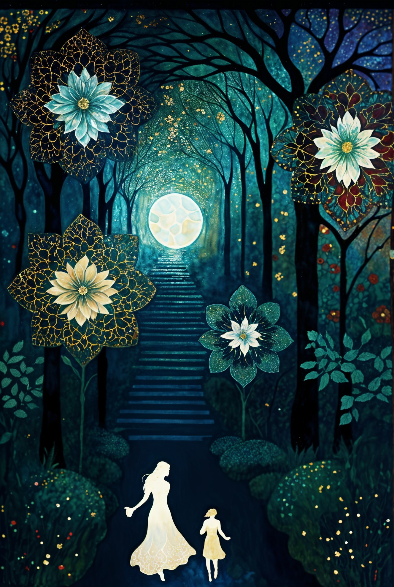 Mystical Forest Scene with Moonlit Staircase