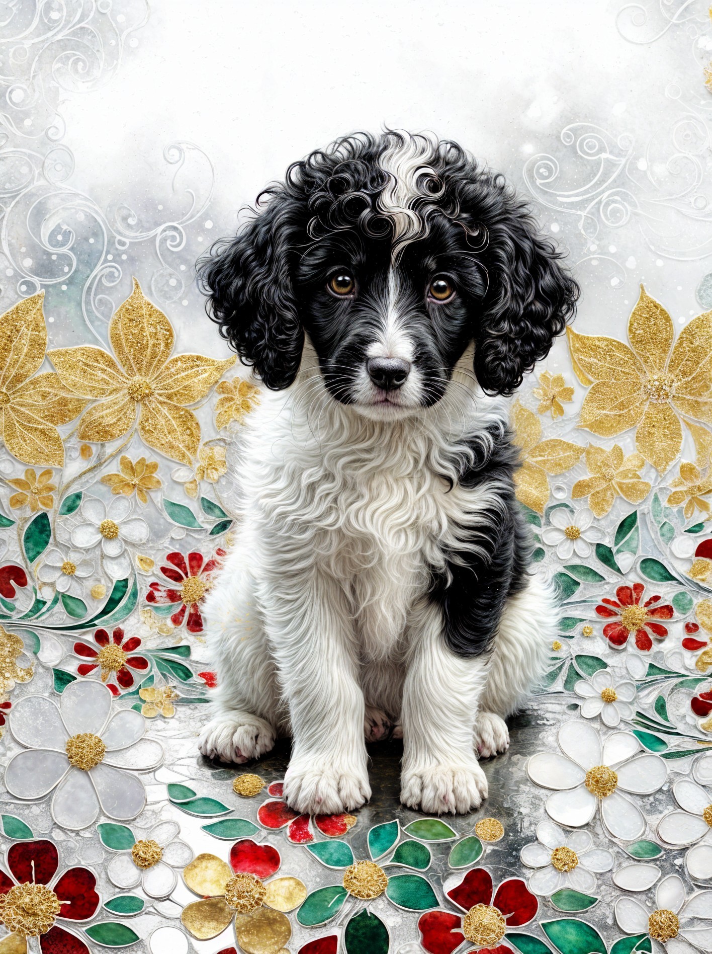 Fluffy Black and White Puppy Among Colorful Flowers