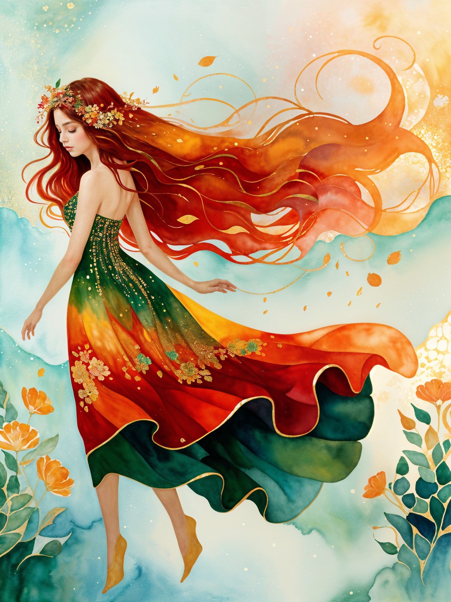 Whimsical Scene of a Woman in Floral Dress
