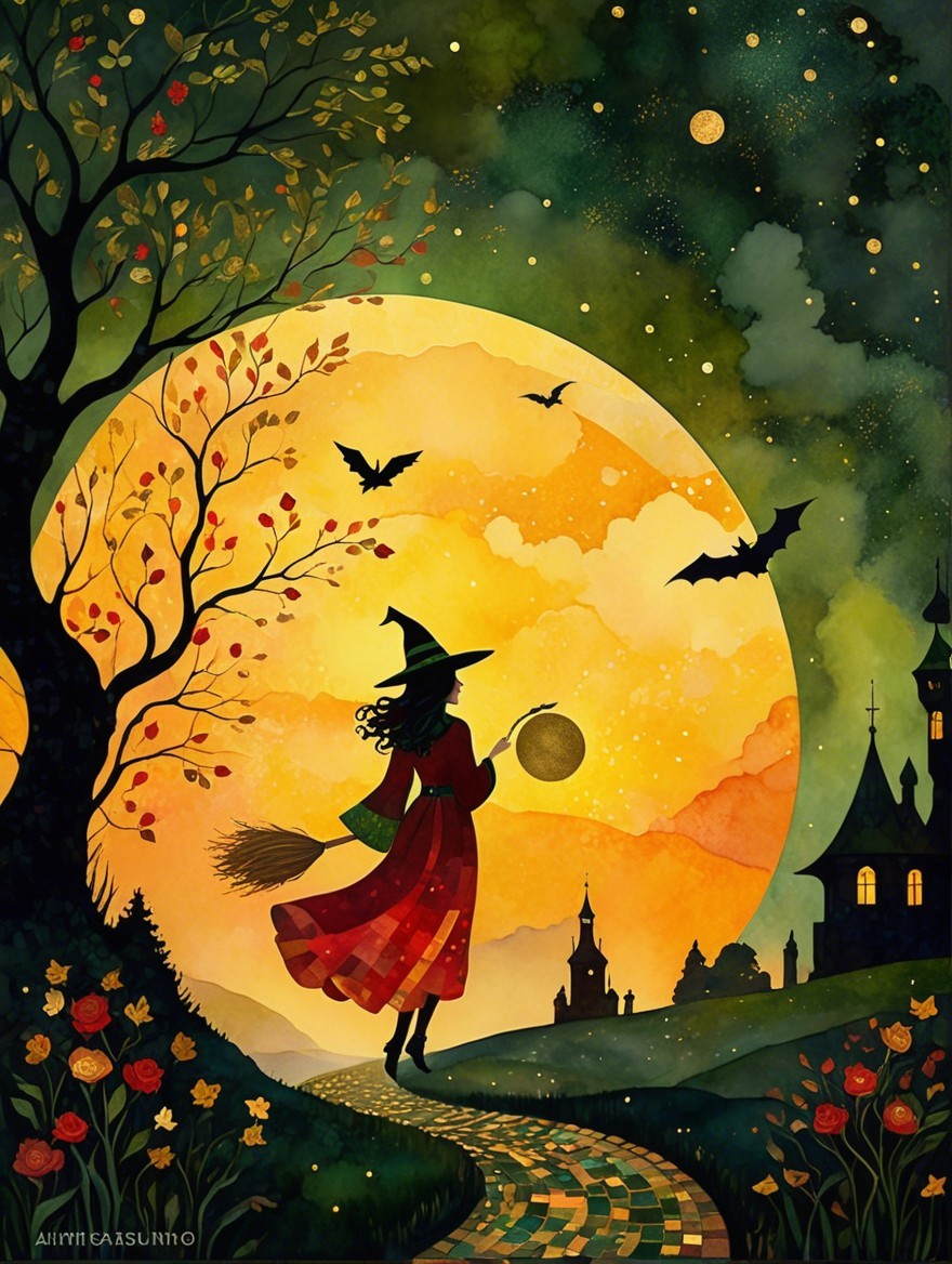 Whimsical Witch Flying Against Glowing Orange Moon
